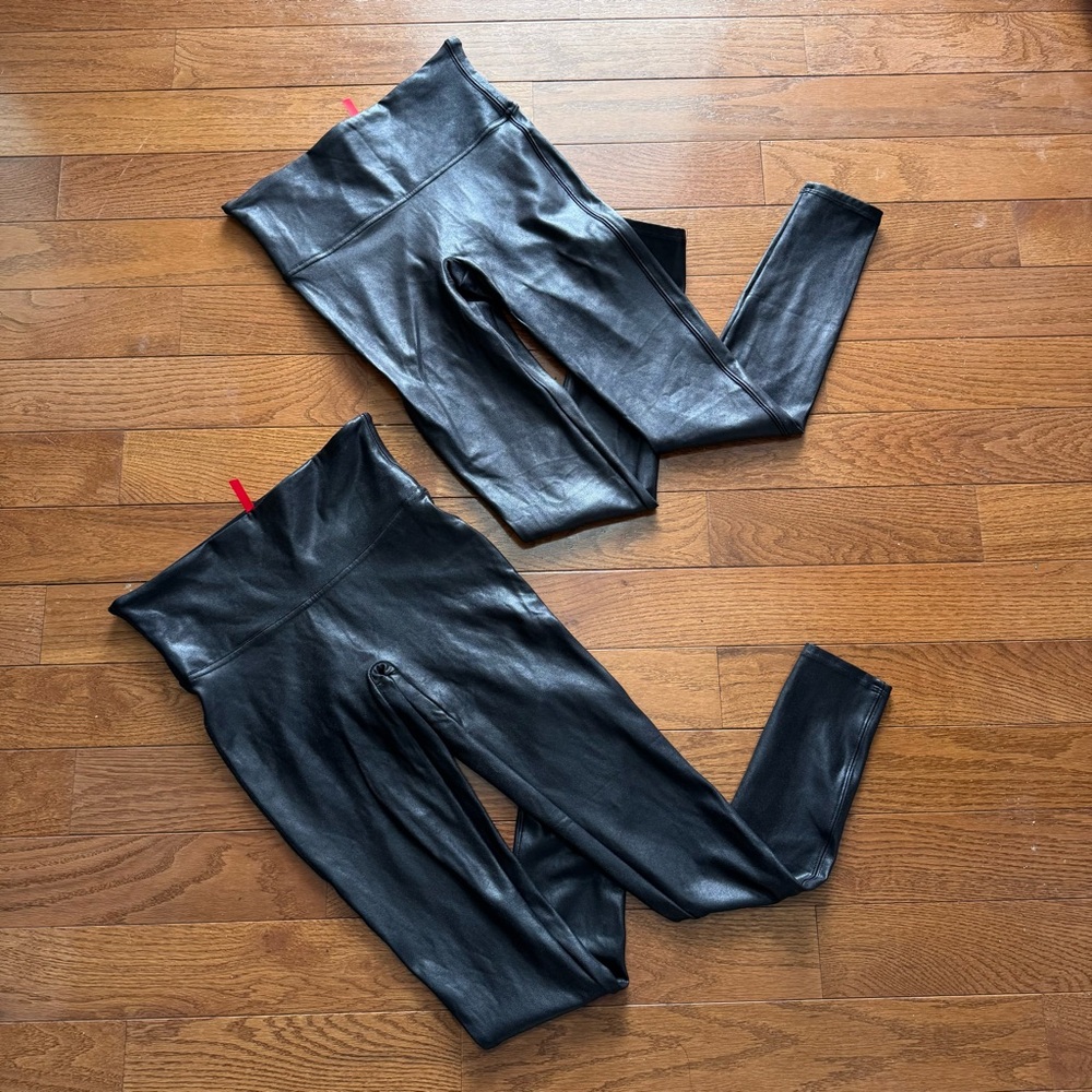 Spanx Women’s Faux Leather Black Leggings Style 2437 Size M‎ High Waist 2 Pair
